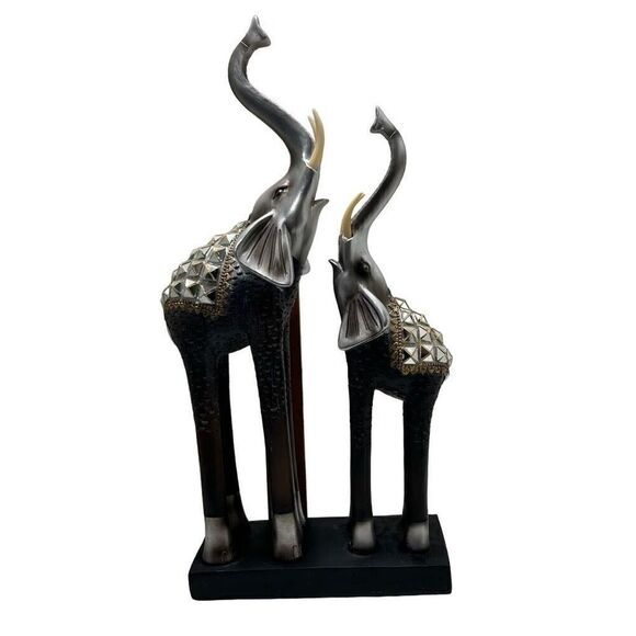 Vintage Mother & Baby Elephant Statue 17"x 7.5" Silver Gold-tone Metal & Wood - Picture 11 of 13